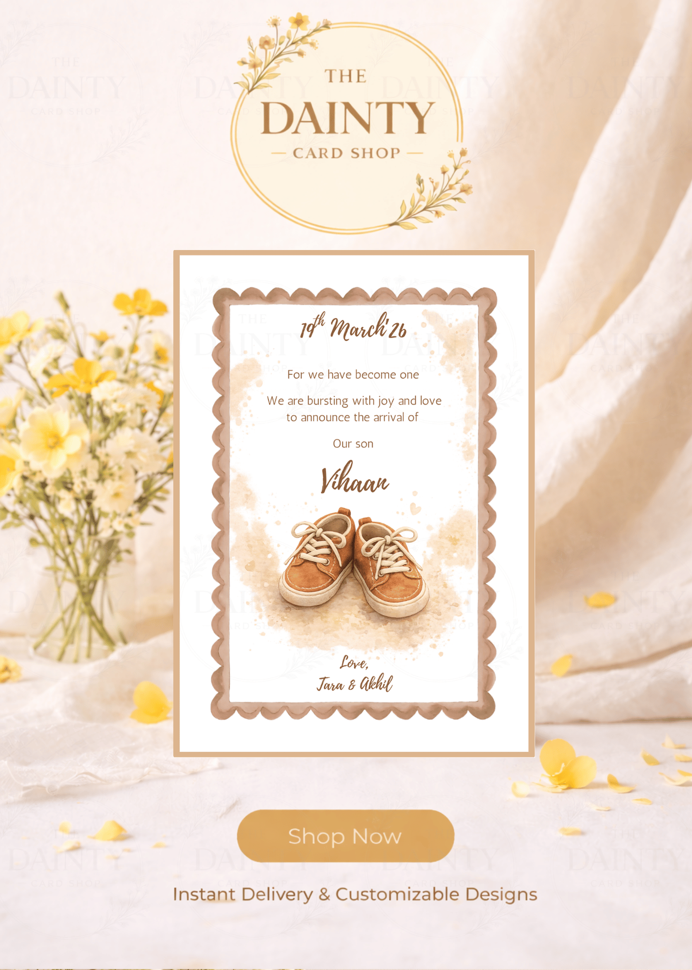 Tiny shoes | Birth announcement Editable Digital Invitation Template | Canva Invitation | Printable & WhatsApp Invite | Instant Download
