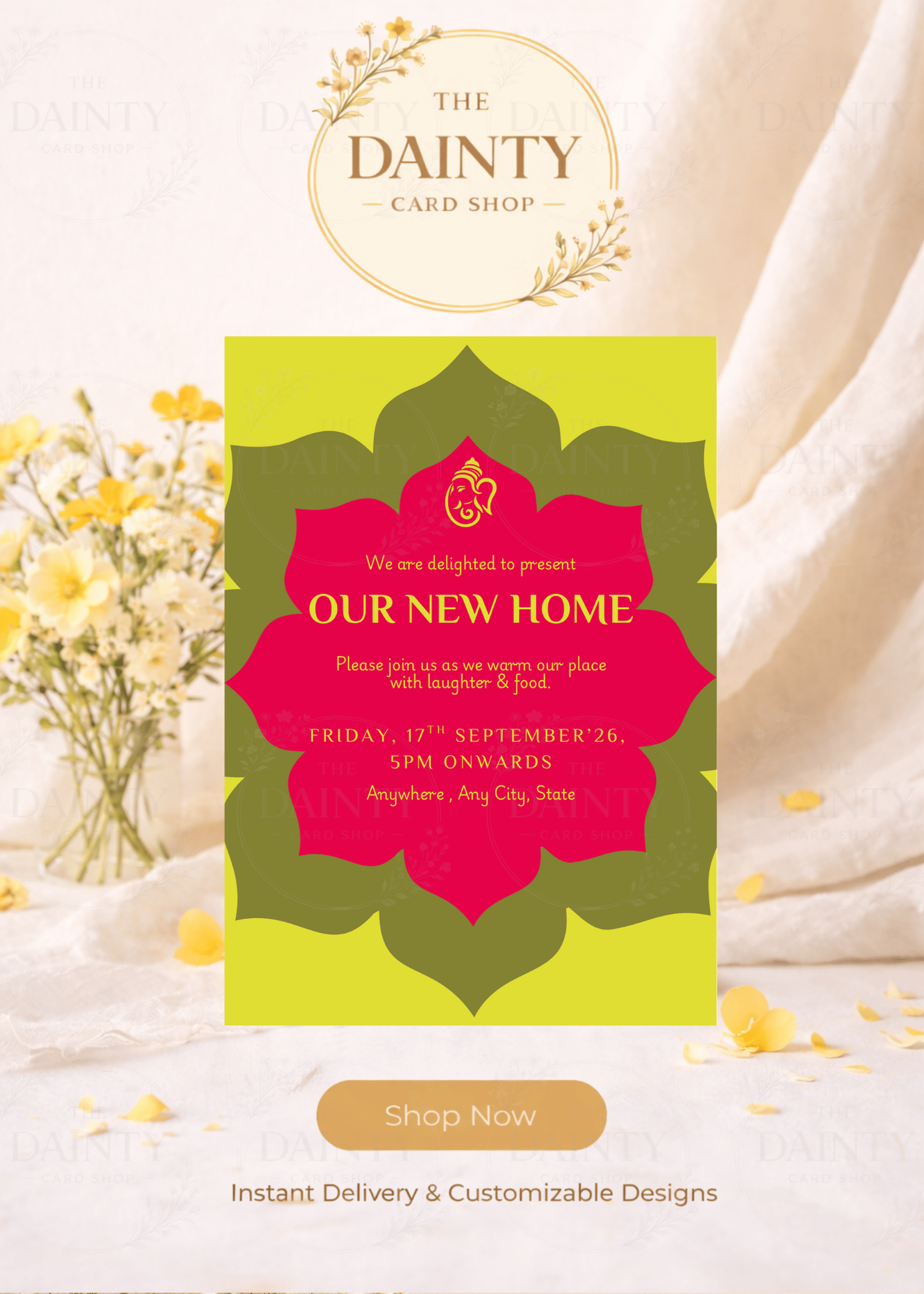 Vibrant Ganesha | Housewarming party Editable Digital Invitation Template | Canva Invitation | Printable & WhatsApp Invite | Instant Download
