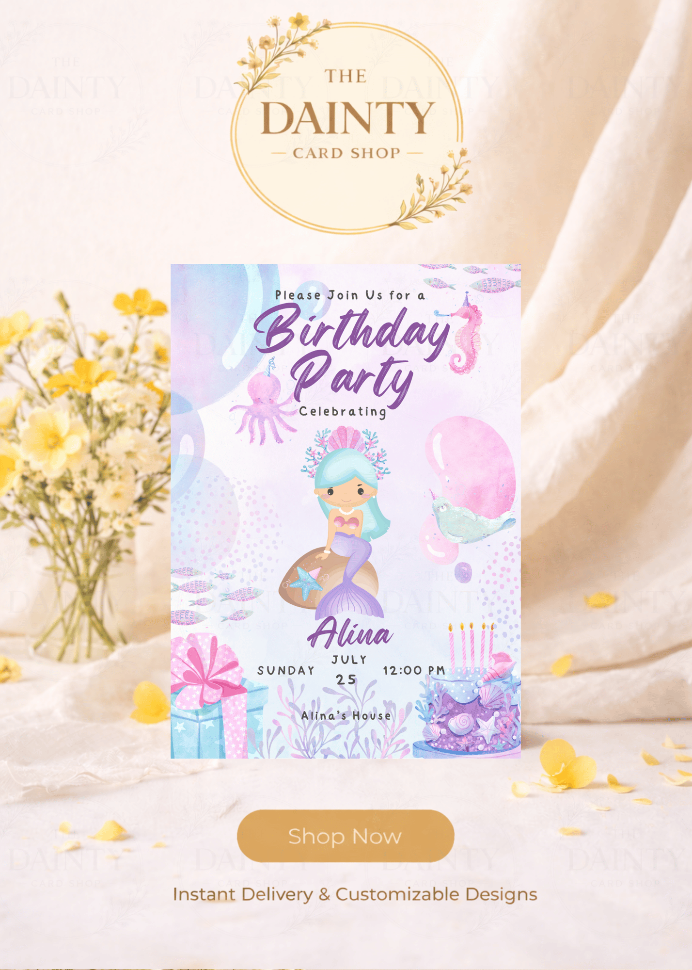 Mermaid | Birthday party Editable Digital Invitation Template | Canva Invitation | Printable & WhatsApp Invite | Instant Download