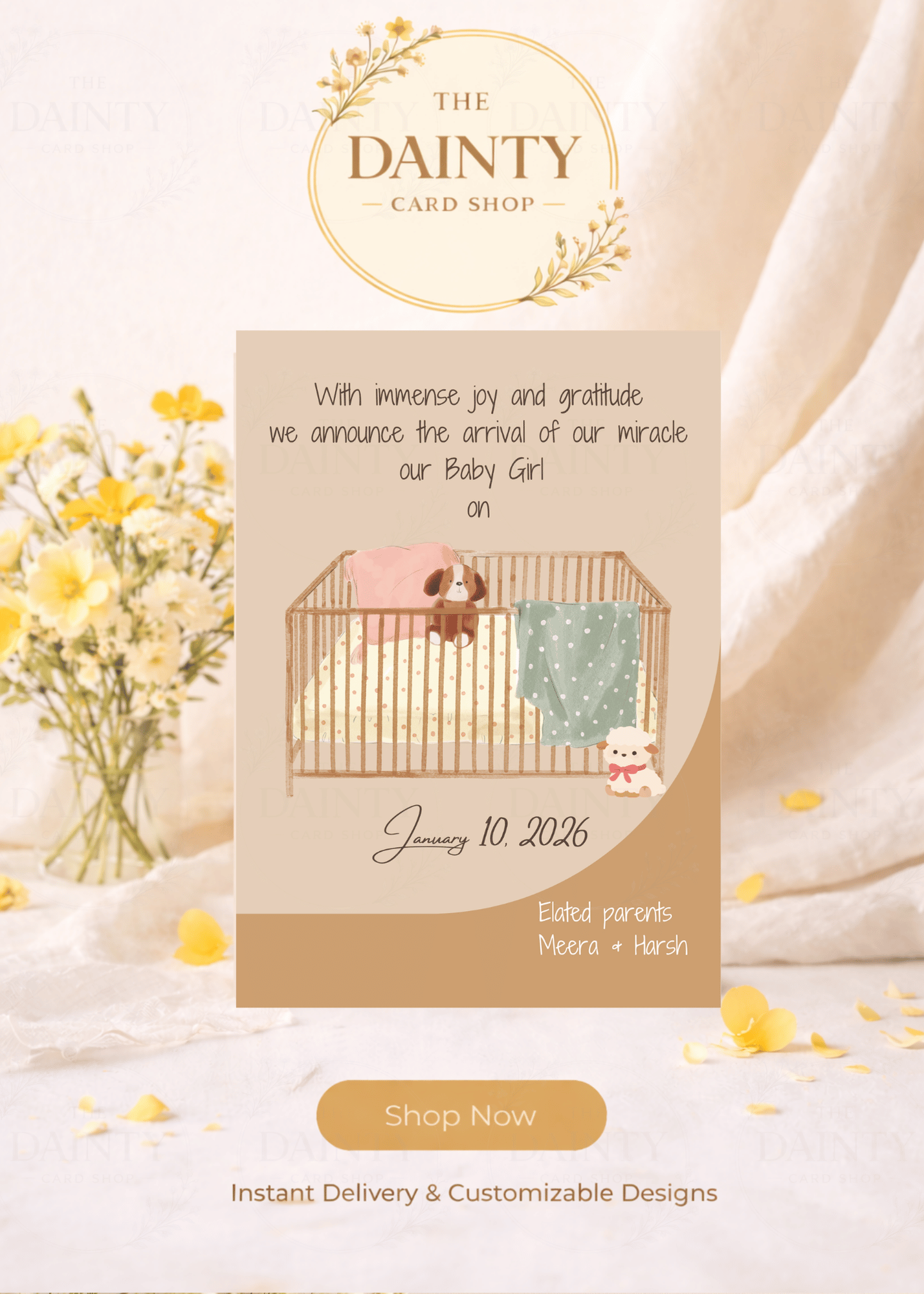 Baby crib | Birth announcement Editable Digital Invitation Template | Canva Invitation | Printable & WhatsApp Invite | Instant Download