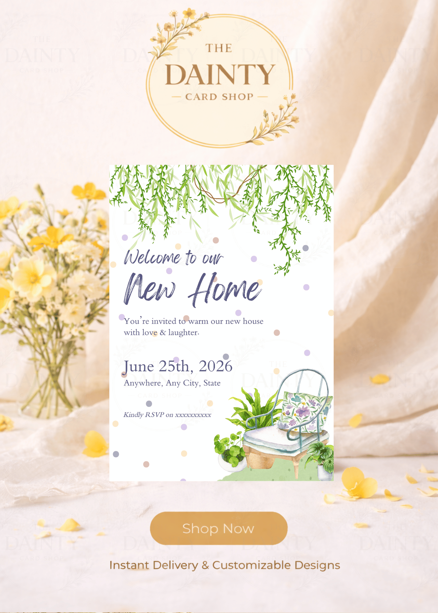 Antique chair | Housewarming party Editable Digital Invitation Template | Canva Invitation | Printable & WhatsApp Invite | Instant Download