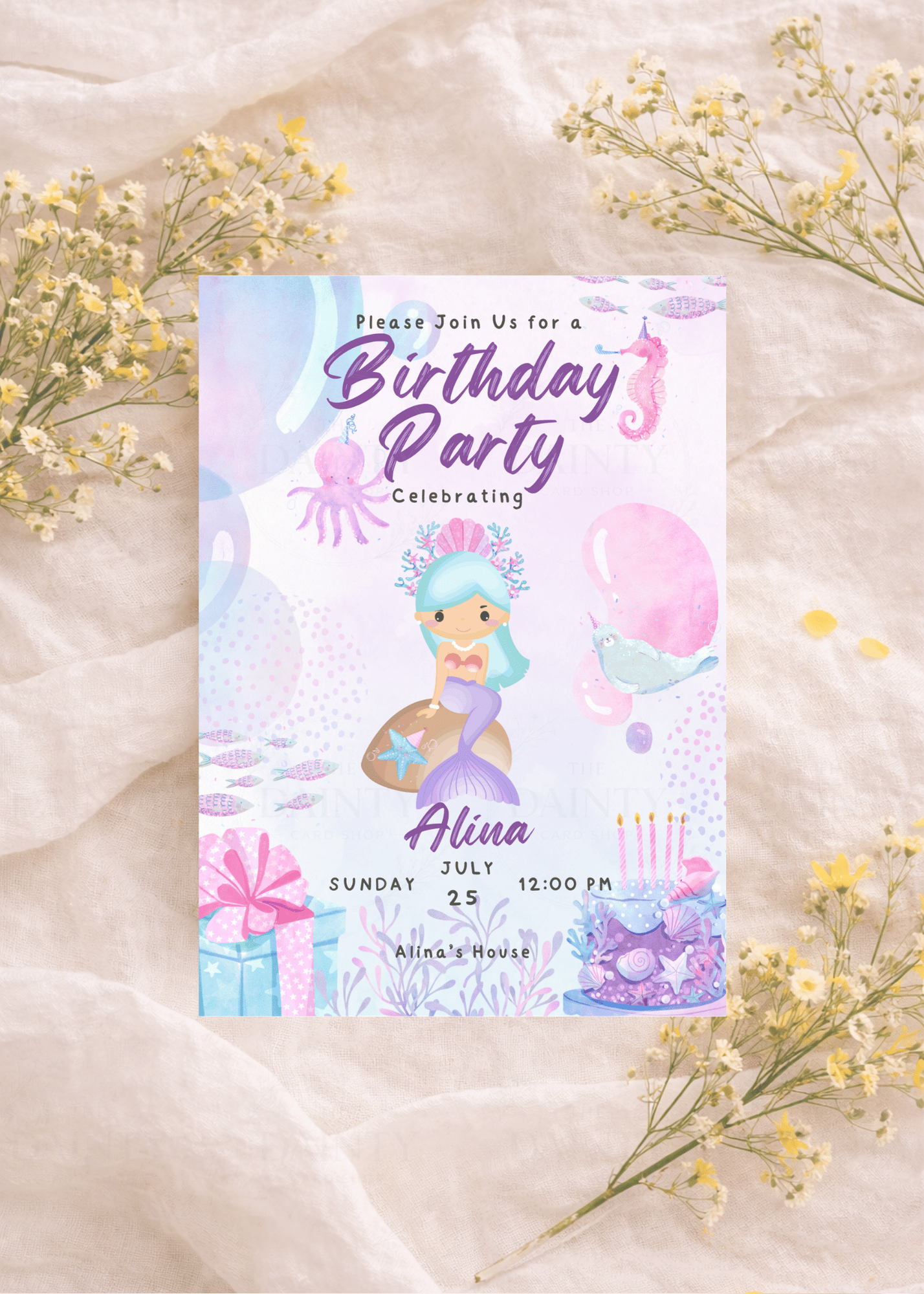 Mermaid | Birthday party Editable Digital Invitation Template | Canva Invitation | Printable & WhatsApp Invite | Instant Download