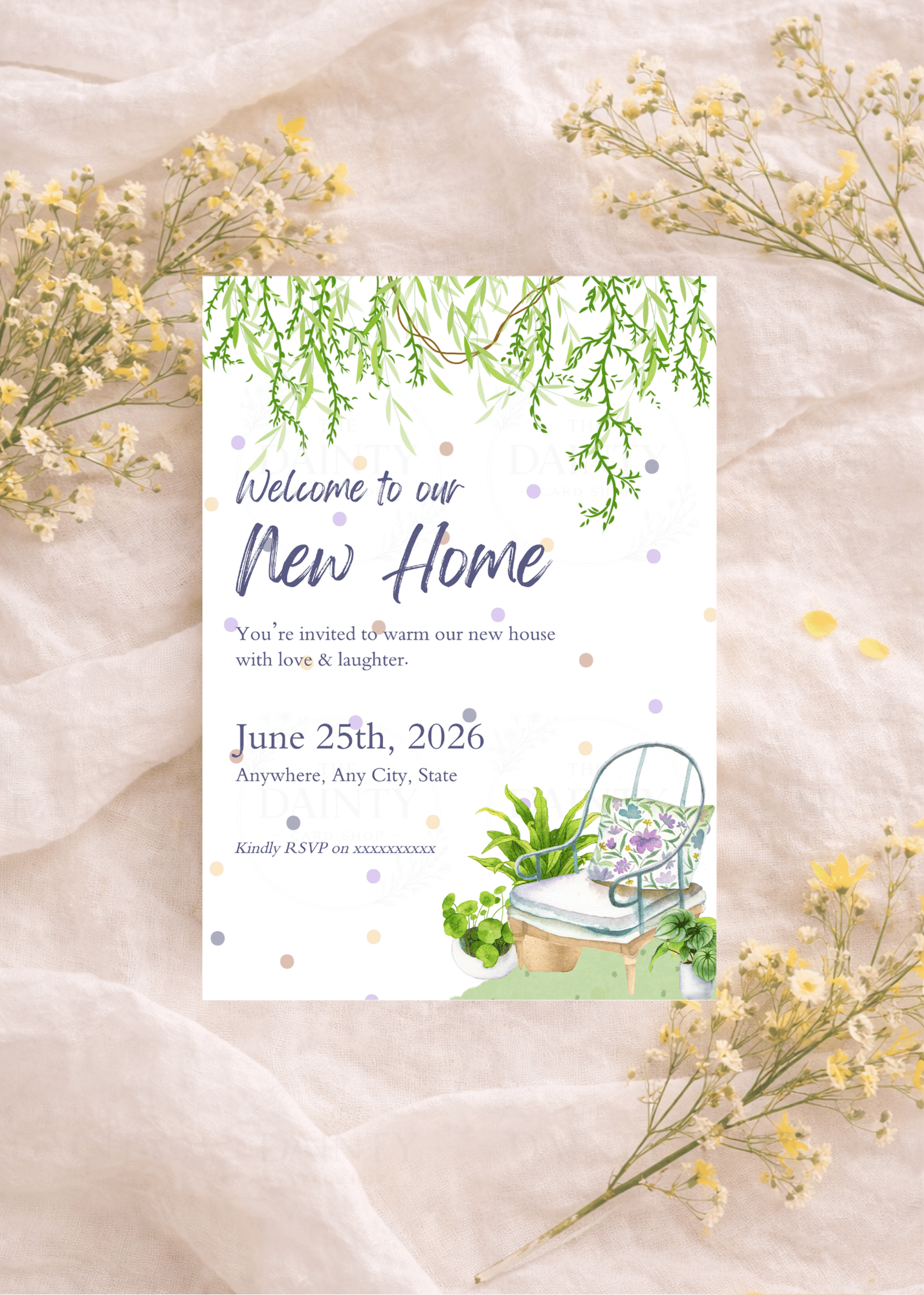 Antique chair | Housewarming party Editable Digital Invitation Template | Canva Invitation | Printable & WhatsApp Invite | Instant Download