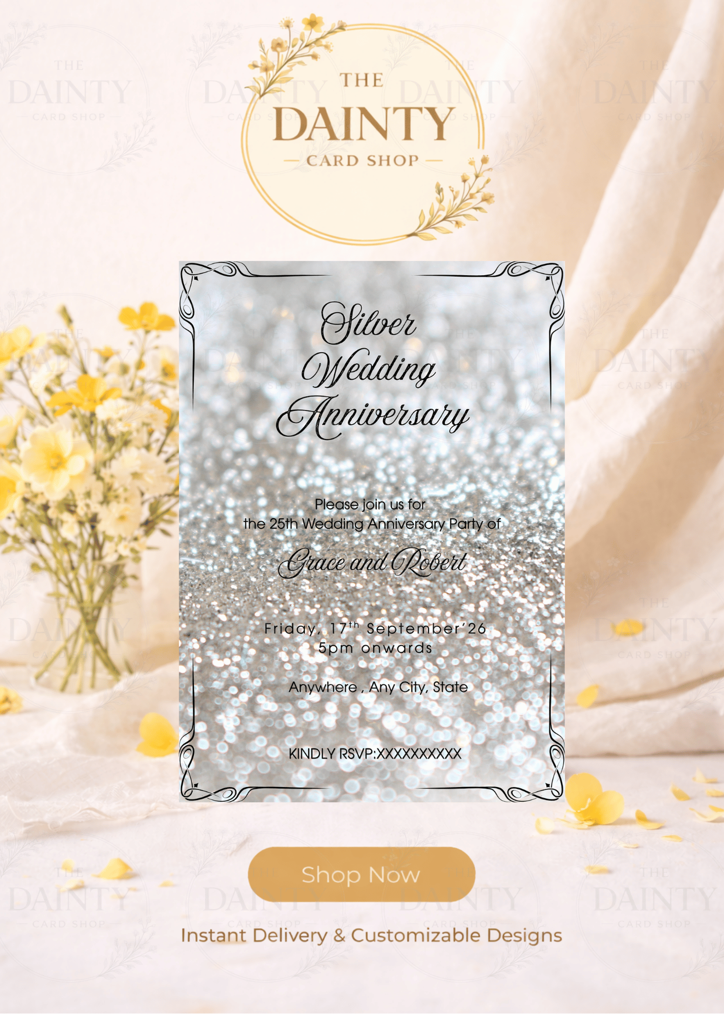 Sparkling silver | Wedding anniversary party Invitation Template | Canva Invitation | Printable & WhatsApp Invite | Instant Download