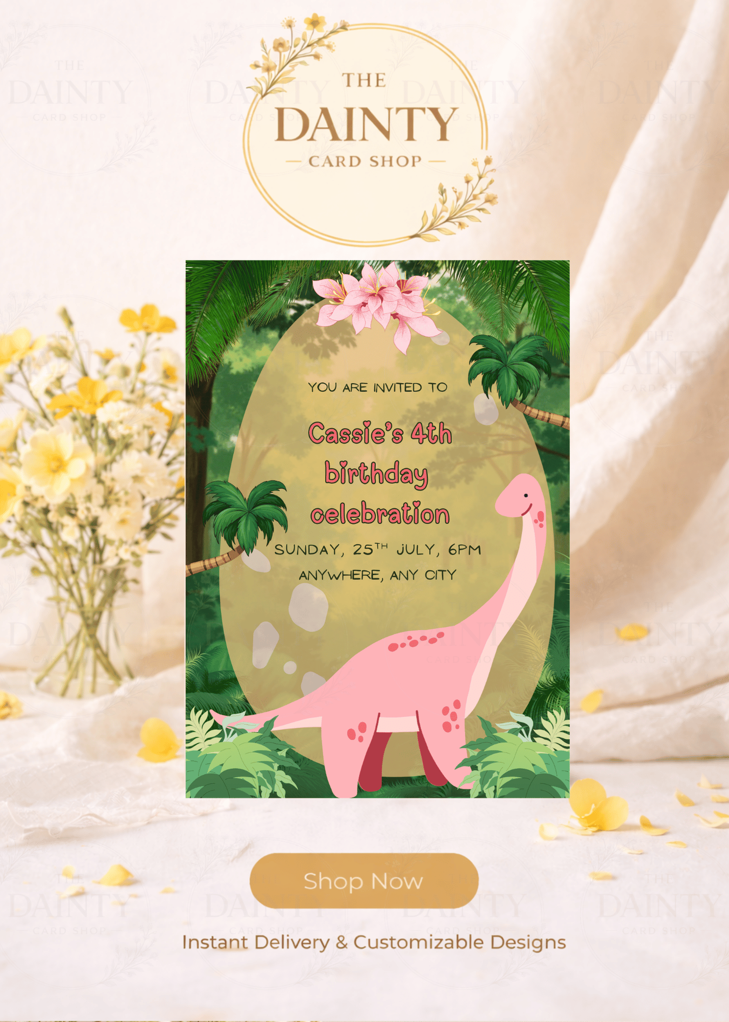 Dino girl | Birthday party Editable Digital Invitation Template | Canva Invitation | Printable & WhatsApp Invite | Instant Download