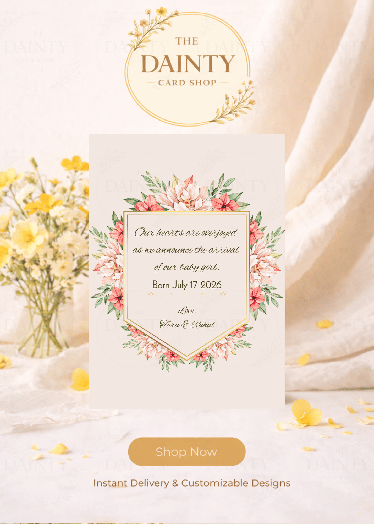 Peach elegance | Birth announcement Editable Digital Invitation Template | Canva Invitation | Printable & WhatsApp Invite | Instant Download