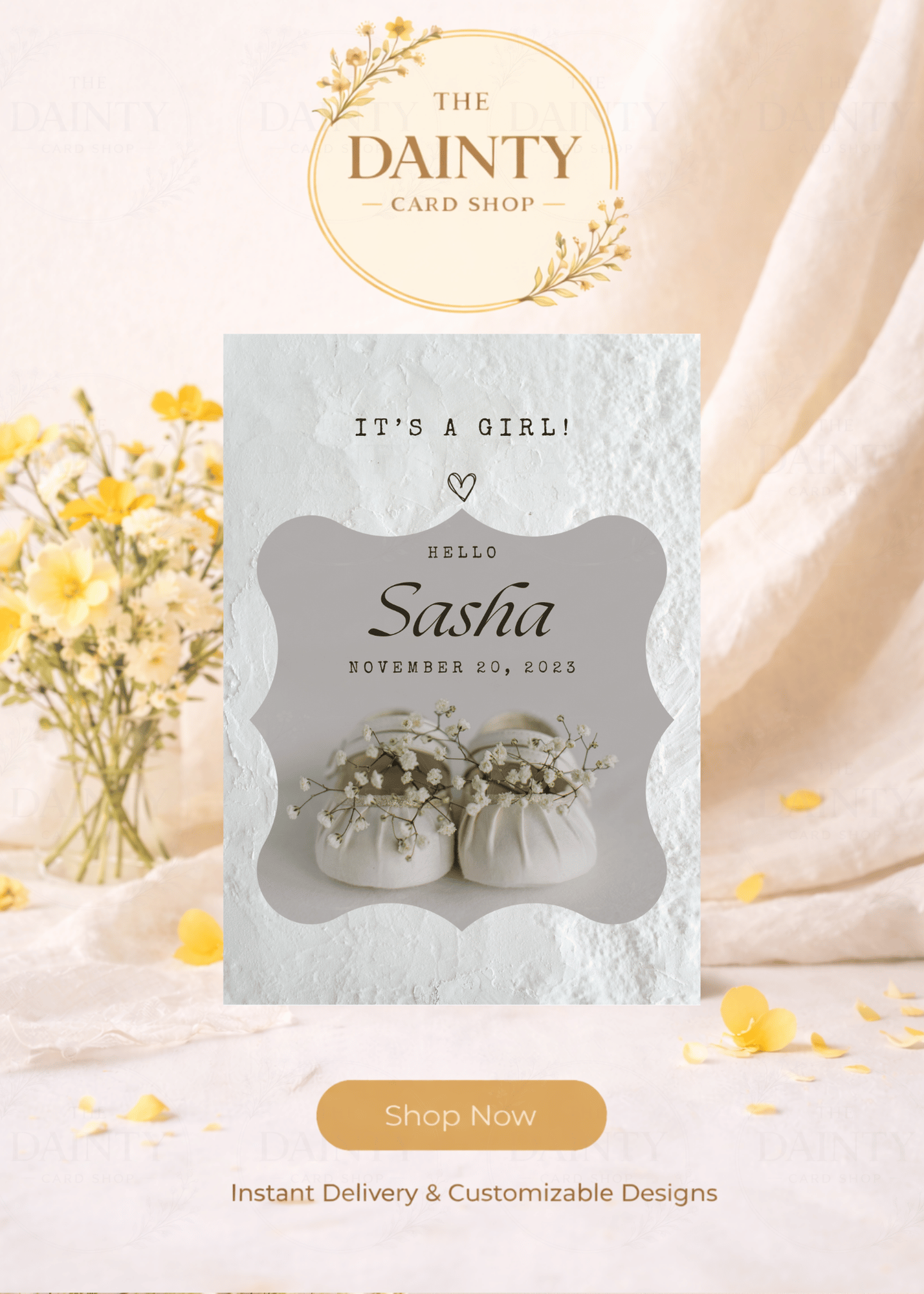 White minimalist girl | Birth announcement Editable Digital Invitation Template | Canva Invitation | Printable & WhatsApp Invite | Instant Download