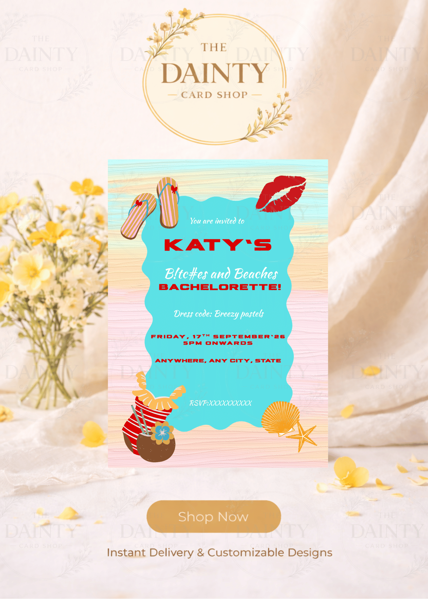 Beach bum | Bachelorette party Editable Digital Invitation Template | Canva Invitation | Printable & WhatsApp Invite | Instant Download