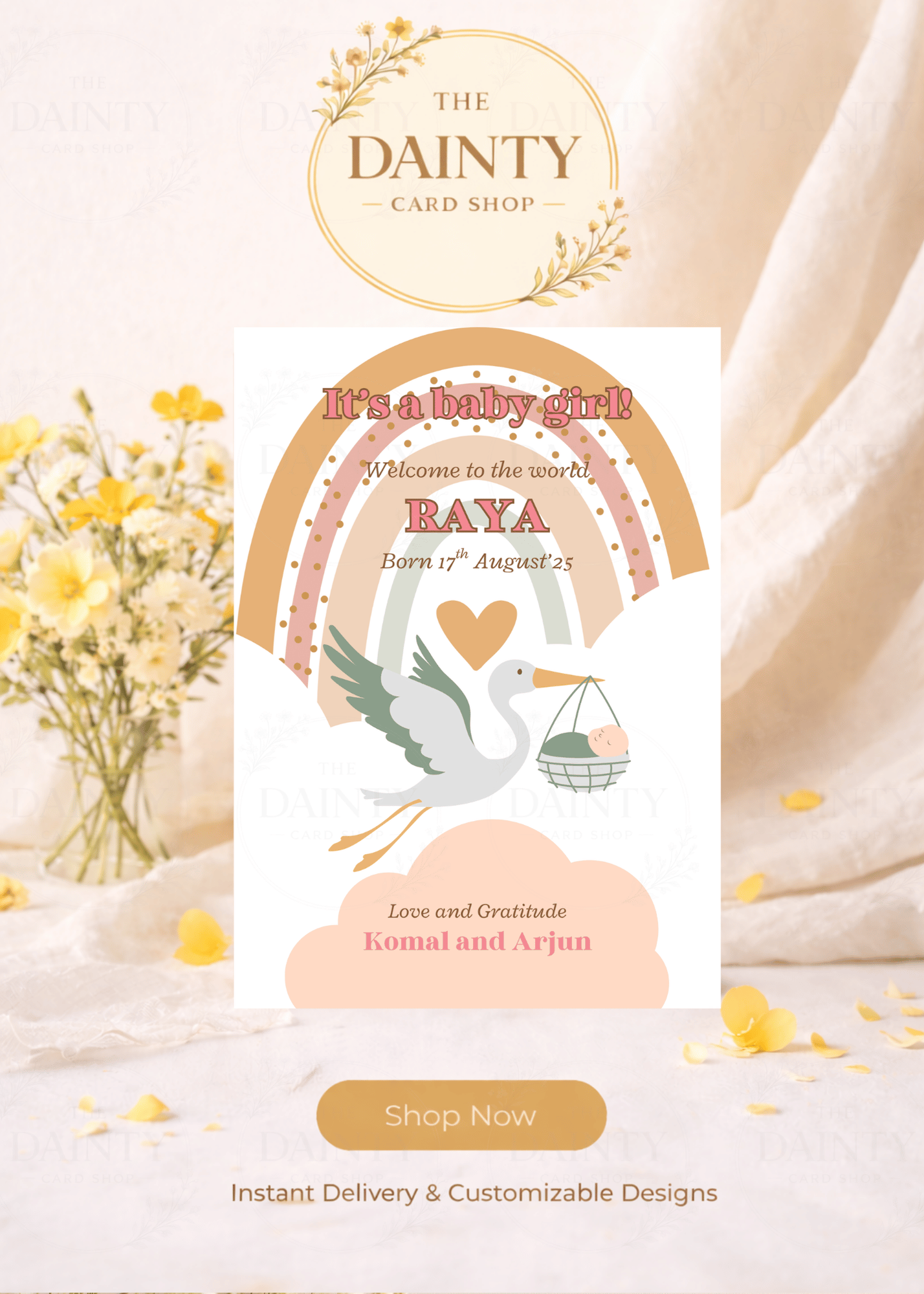 Rainbow and stork | Birth announcement Editable Digital Invitation Template | Canva Invitation | Printable & WhatsApp Invite | Instant Download