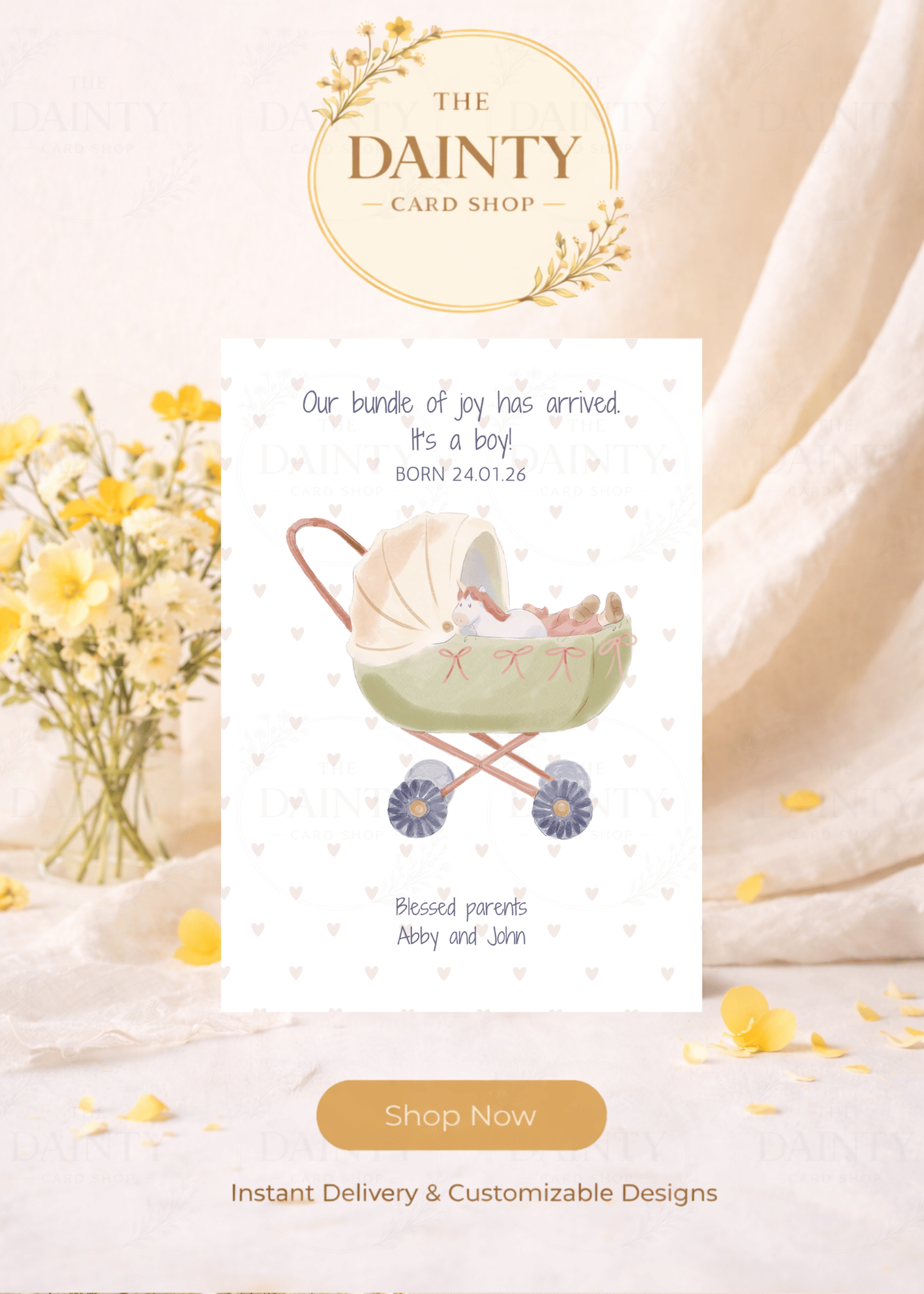 Baby in a pram | Birth announcement Editable Digital Invitation Template | Canva Invitation | Printable & WhatsApp Invite | Instant Download