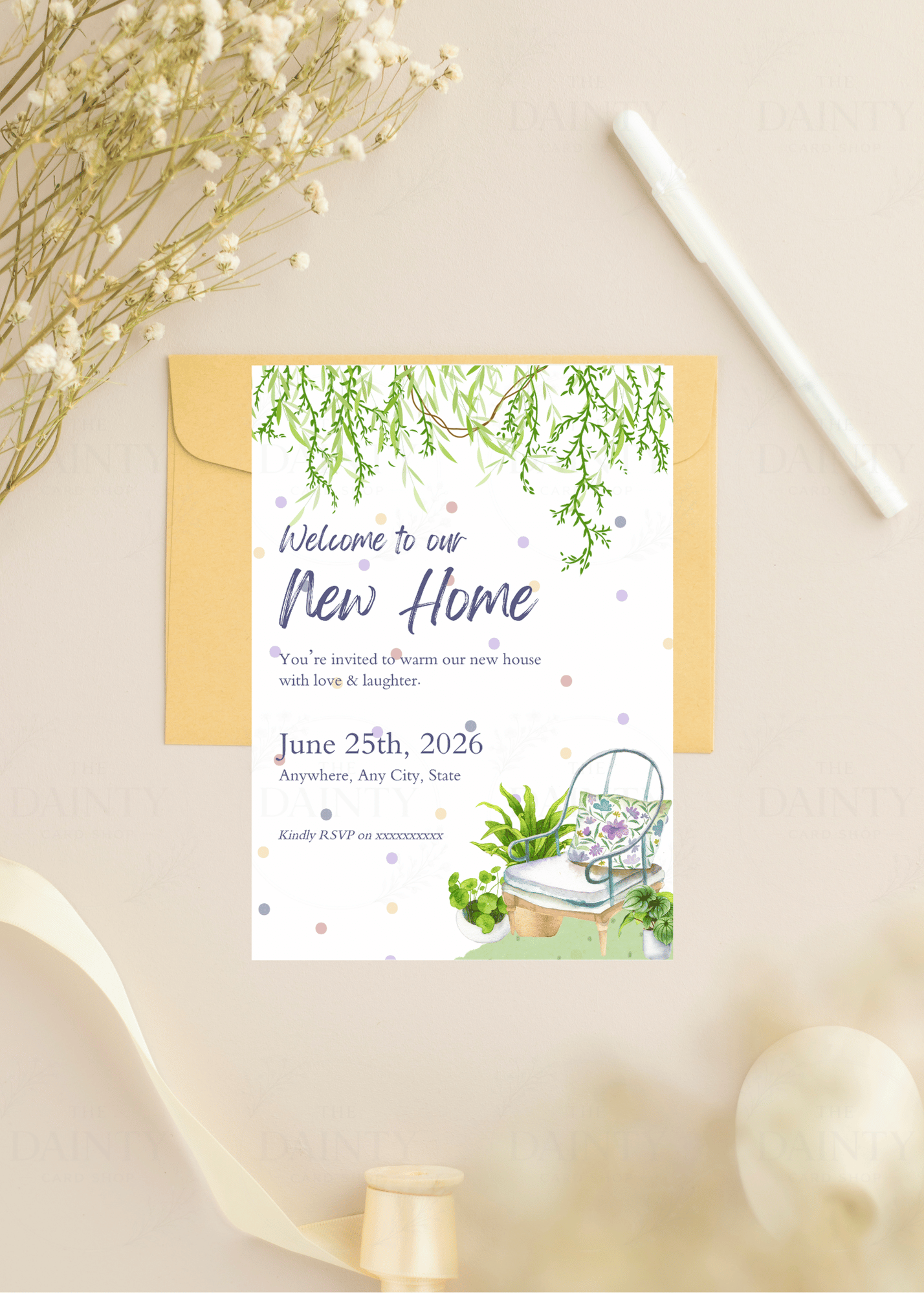Antique chair | Housewarming party Editable Digital Invitation Template | Canva Invitation | Printable & WhatsApp Invite | Instant Download