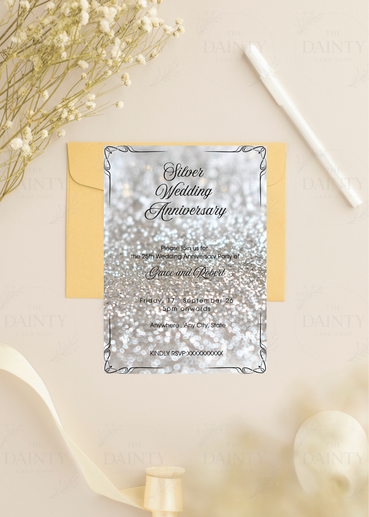 Sparkling silver | Wedding anniversary party Invitation Template | Canva Invitation | Printable & WhatsApp Invite | Instant Download