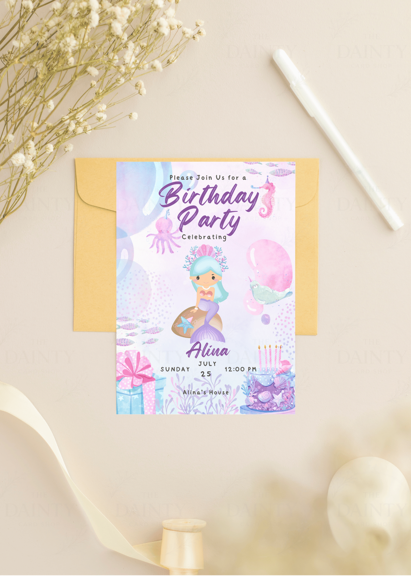 Mermaid | Birthday party Editable Digital Invitation Template | Canva Invitation | Printable & WhatsApp Invite | Instant Download