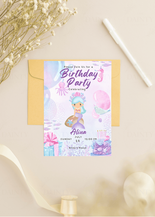 Mermaid | Birthday party Editable Digital Invitation Template | Canva Invitation | Printable & WhatsApp Invite | Instant Download
