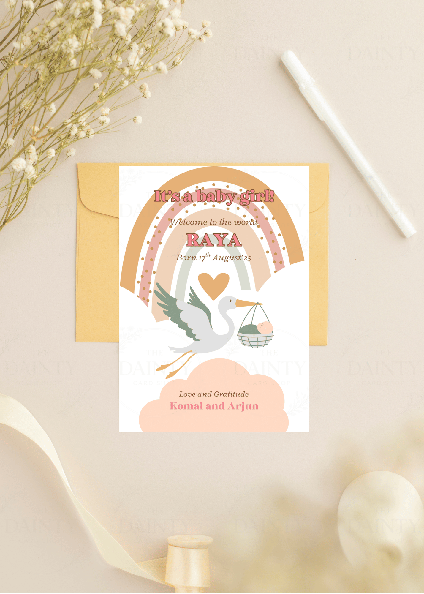 Rainbow and stork | Birth announcement Editable Digital Invitation Template | Canva Invitation | Printable & WhatsApp Invite | Instant Download