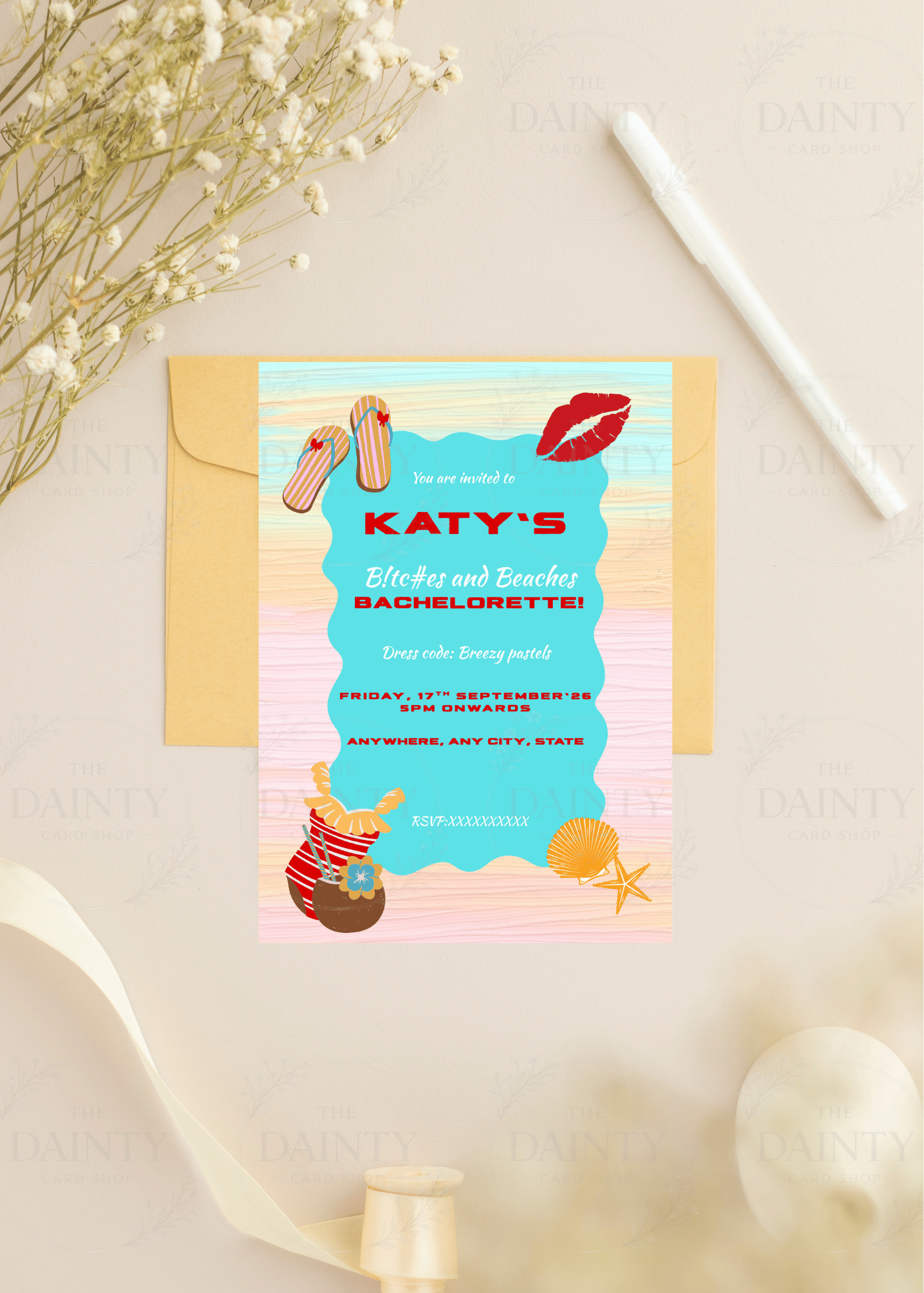 Beach bum | Bachelorette party Editable Digital Invitation Template | Canva Invitation | Printable & WhatsApp Invite | Instant Download