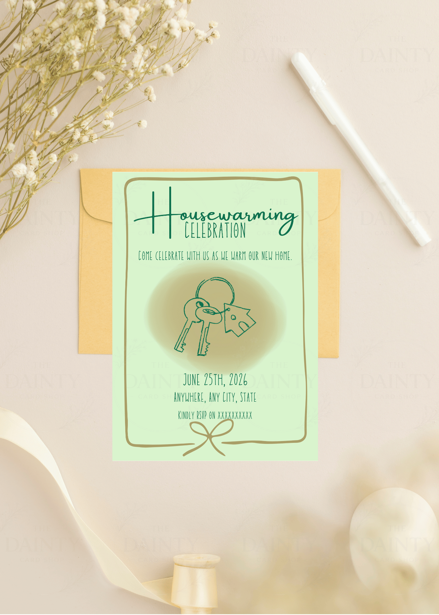 Green minimal | Housewarming Party Editable Digital Invitation Template | Canva Invitation | Printable & WhatsApp Invite | Instant Download