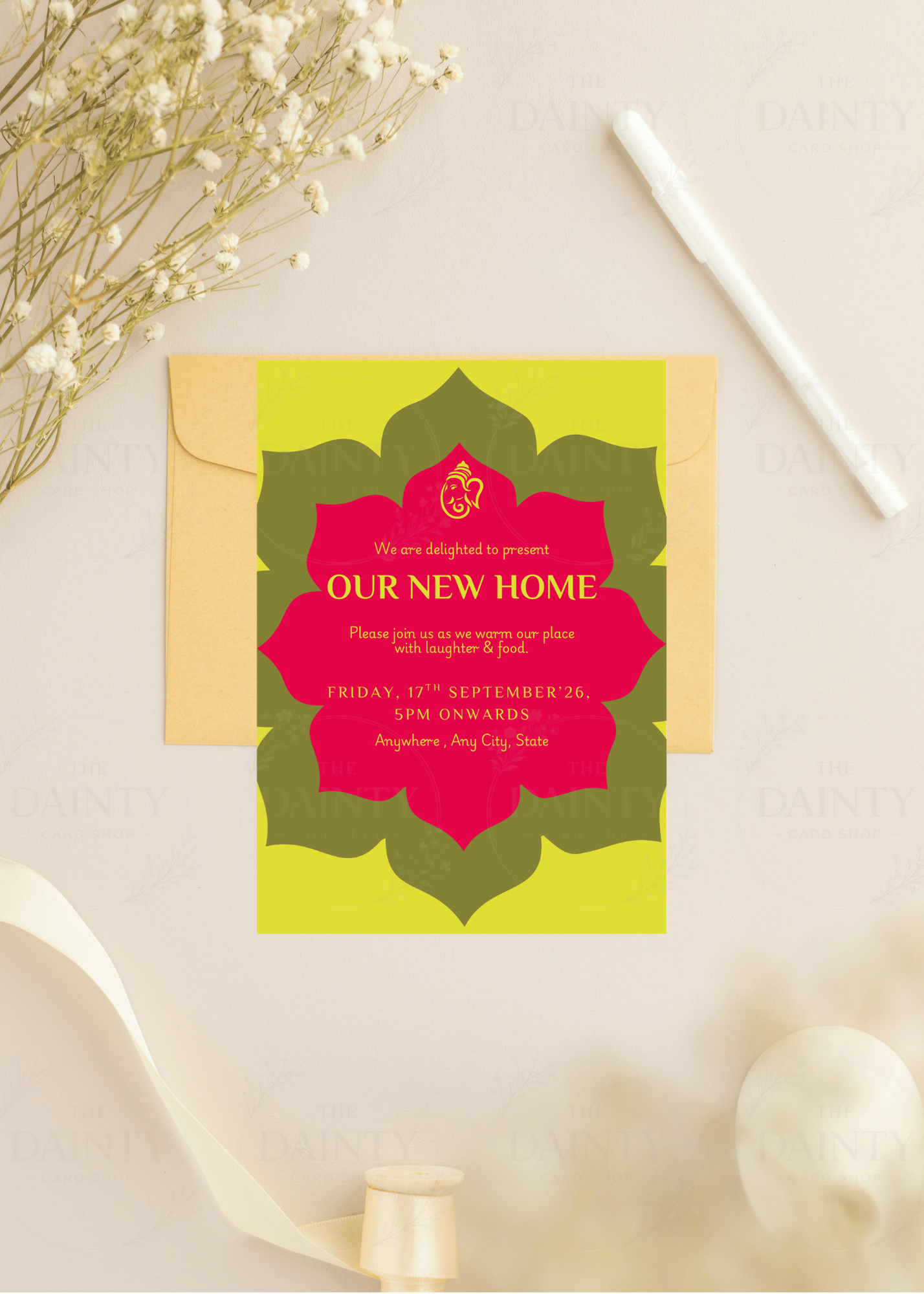 Vibrant Ganesha | Housewarming party Editable Digital Invitation Template | Canva Invitation | Printable & WhatsApp Invite | Instant Download